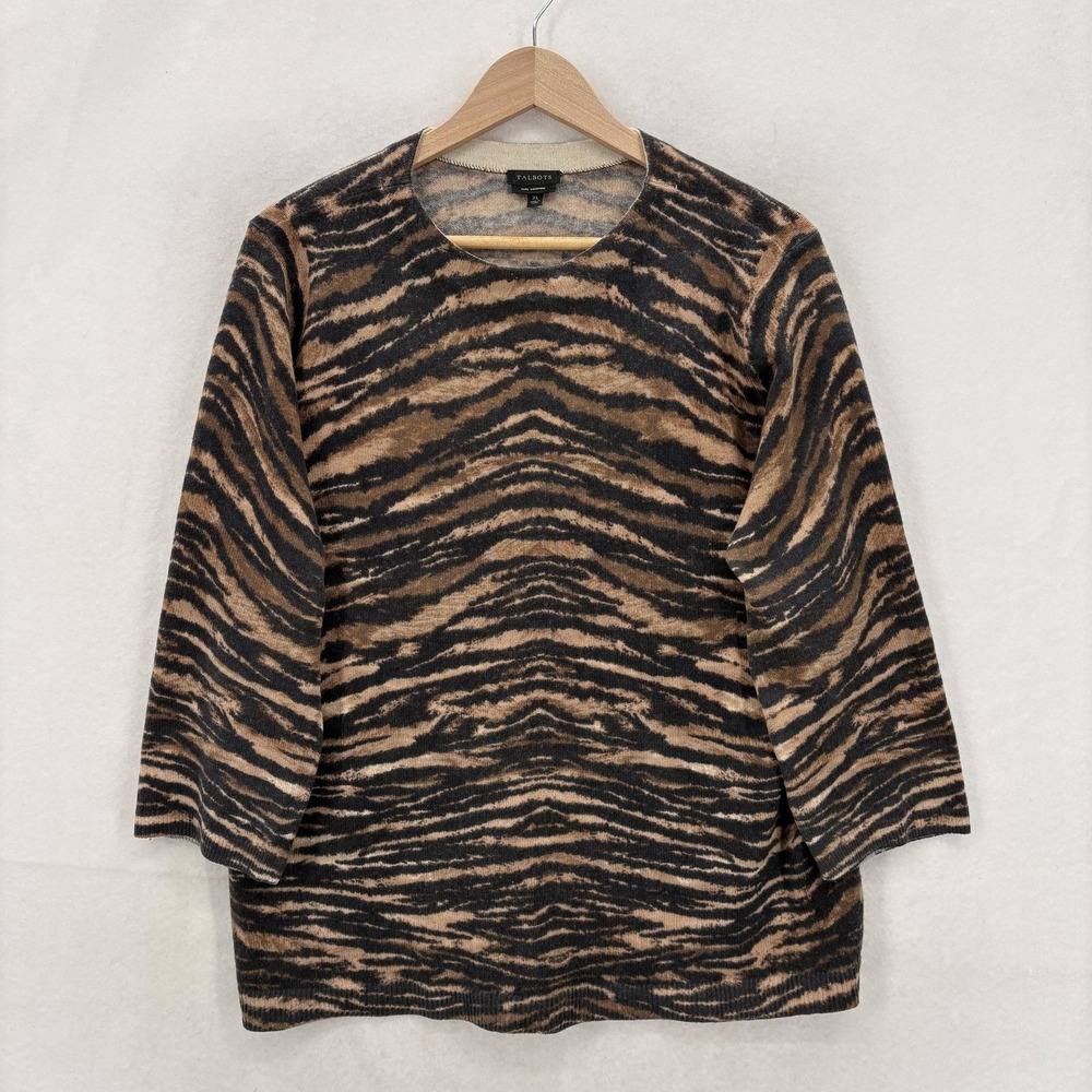 Talbots Sweater Womens XL Brown Black Tiger Print 100% Cashmere Crew Pullover
